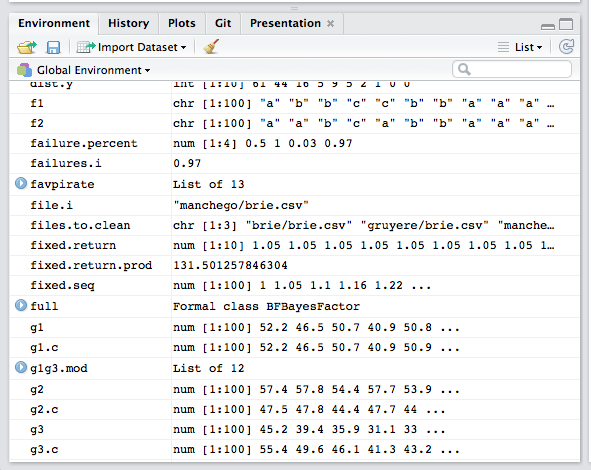 The environment panel shows you all the objects you have defined in your current workspace.