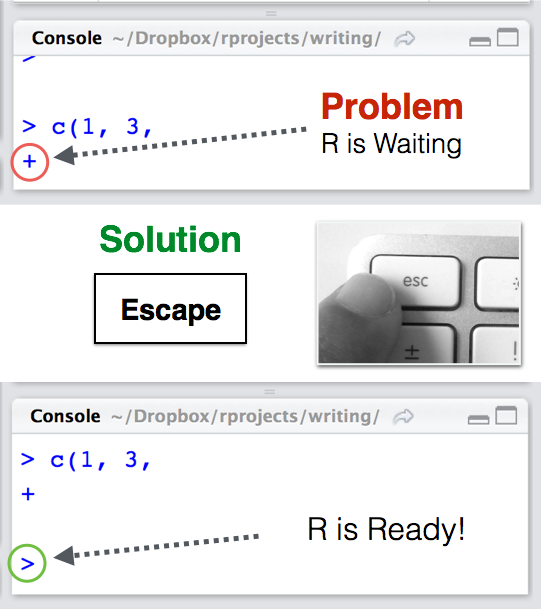 To turn R from a Waiting (+) state to a Ready (>) state, just hit Escape.” width=“50%” />
<p class=